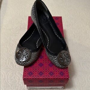 Tory Burch Black and White Flats with Decorative Medallion